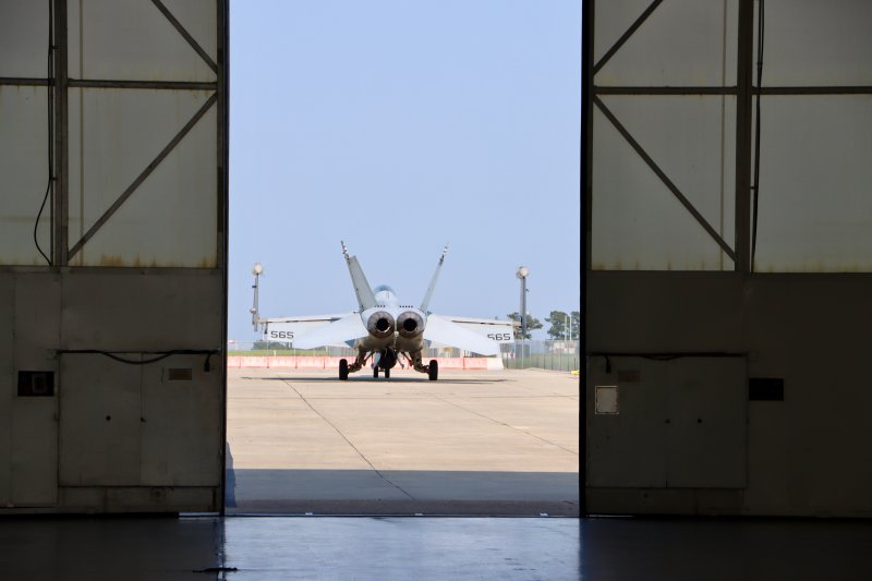 One of three Navy EA-18G Growlers from the Growler Demonstration Team as seen from one of the NASA hangars June 11.